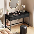 Black Makeup Desk With Cosmetics Vase Round Mirror Three Tier Shelf And Stool