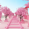 Scenic Outdoor Spot With Pink Cherry Trees Pink Benches Petal Covered Ground And Blue Sign