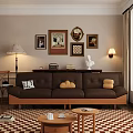 Three Seater Brown Leather Sofa with Throw Pillows Decorative Paintings Mirror Red Black Checkered Floor