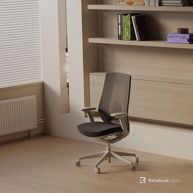Comfortable Black Mesh Massage Chair with Armrests in Room with Beige Bookshelf and Window Blinds 3d model 