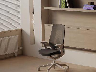 Comfortable Black Mesh Massage Chair with Armrests in Room with Beige Bookshelf and Window Blinds 3d model