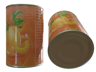 Two Orange Canned Peach Containers Featuring Leaf Design And Label Details 3d model