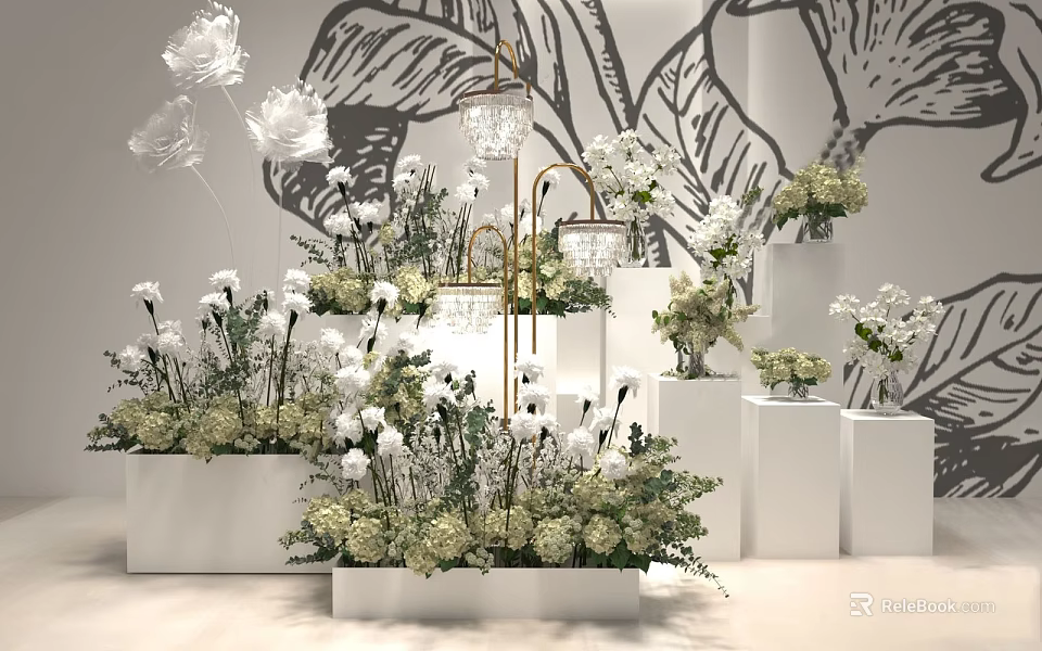 Elegant Floral Display With White Flowers Greenery White Pedestals And Wall Art 3d model 