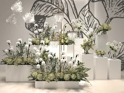 Elegant Floral Display With White Flowers Greenery White Pedestals And Wall Art 3d model