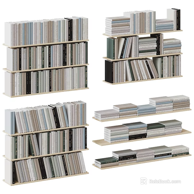 Organized Books And Magazines On Shelves With Stacked Arrangements And Varied Sizes 3d model 