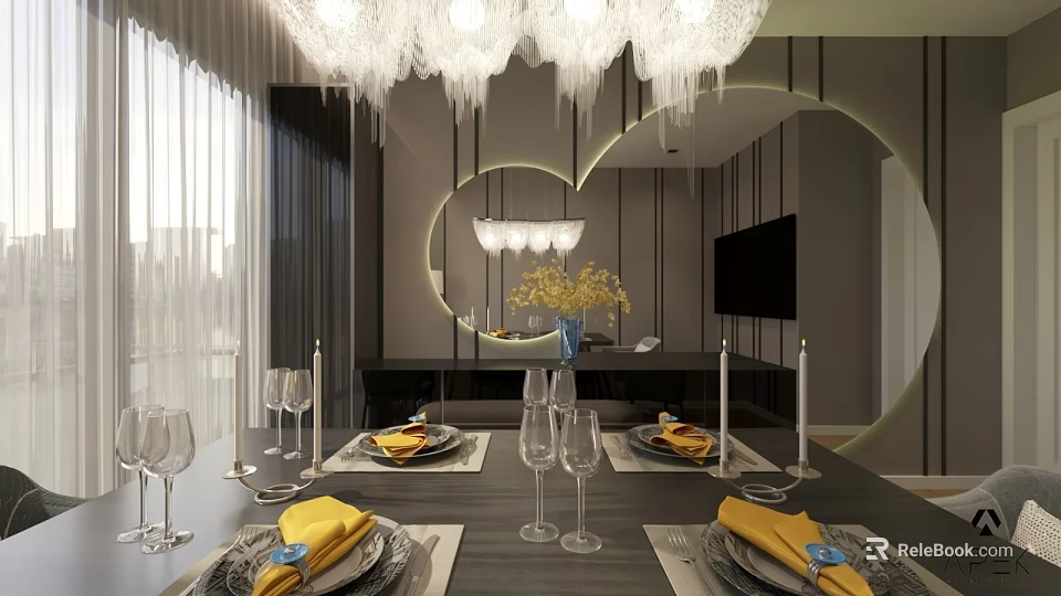 Elegant Dining and Living Room Interior with Chandelier Round Mirror and Table Setting 3d model 
