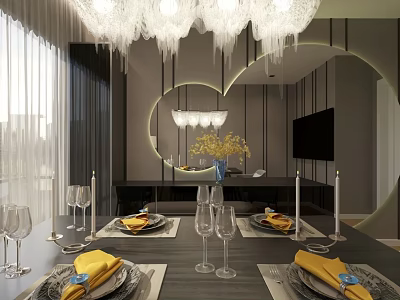 Elegant Dining and Living Room Interior with Chandelier Round Mirror and Table Setting 3d model