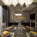 Elegant Dining and Living Room Interior with Chandelier Round Mirror and Table Setting