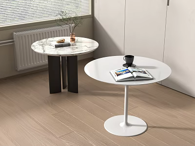 Round White Side Tables with Marble Top and Black Base in Living Room Interior 3d model