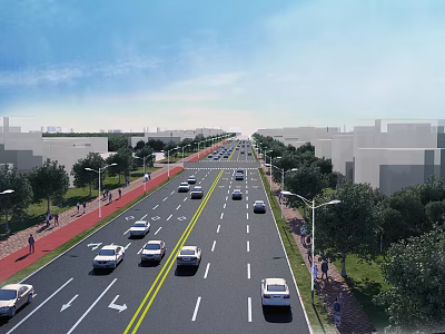 Modern Road Infrastructure with Wide Lanes Street Lamps Pedestrian Walkways Green Trees and Moving Vehicles 3d model