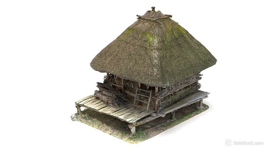 Rustic Thatched Cottage With Traditional Grass Roof And Wooden Platform Structure Design 3d model 