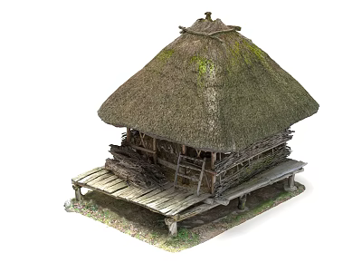 Rustic Thatched Cottage With Traditional Grass Roof And Wooden Platform Structure Design 3d model