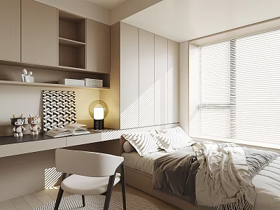 Serene Tatami Bedroom Interior With Natural Light Desk Chair Window Blinds And Storage Cabinets 3d model