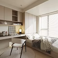 Serene Tatami Bedroom Interior With Natural Light Desk Chair Window Blinds And Storage Cabinets