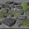 Natural Garden Decor With Moss Covered Stones Green Bushes And Small Statue On Patterned Surface