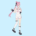 Woman In White Jumpsuit With Pink Double Ponytails Winking Black Gloves One Hand On Hip Hand Extended