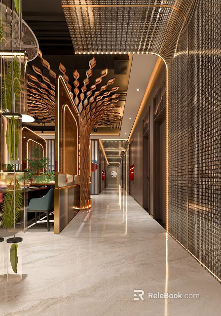 Modern Luxurious Restaurant Corridor With Golden Decorations Green Plants Marble Floor And Elegant Lighting Design 3d model 