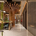Modern Luxurious Restaurant Corridor With Golden Decorations Green Plants Marble Floor And Elegant Lighting Design