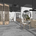 Modern Office Open Layout With Bookshelves Tables Chairs Pendant Lights Green Plants And Minimalist Design