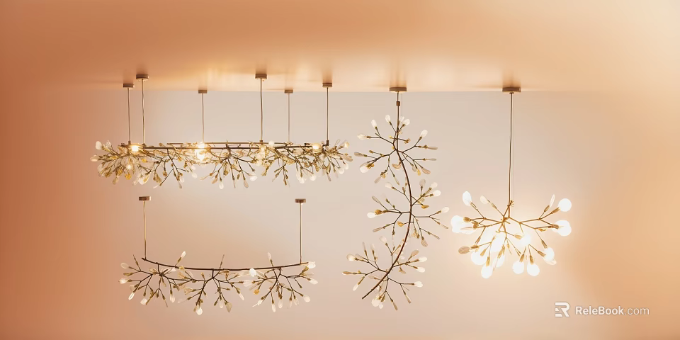 Modern Branched Chandeliers Hanging From Ceiling With Warm Glowing Lights 3d model 