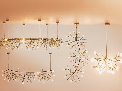 Modern Branched Chandeliers Hanging From Ceiling With Warm Glowing Lights 3d model