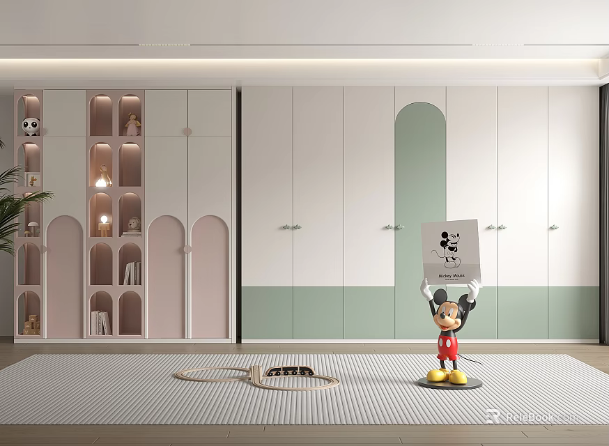 Modern White Green Wardrobe With Arched Design And Open Shelves In Kids Room 3d model 