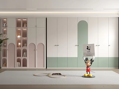 Modern White Green Wardrobe With Arched Design And Open Shelves In Kids Room 3d model
