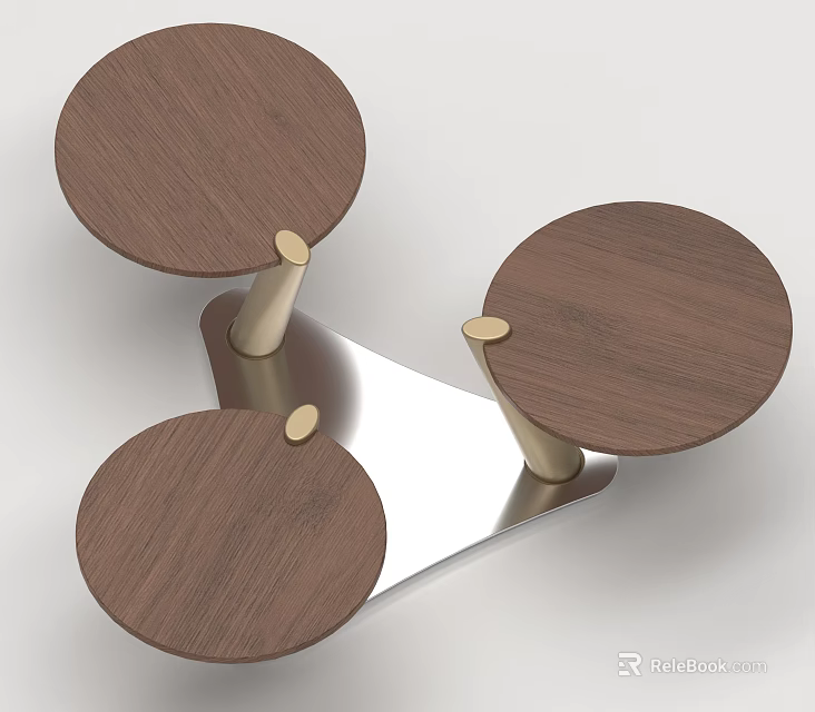 Elegant Walnut Wood Round Sofa Coffee Table Set With Golden Metal Base For Modern Homes 3d model 