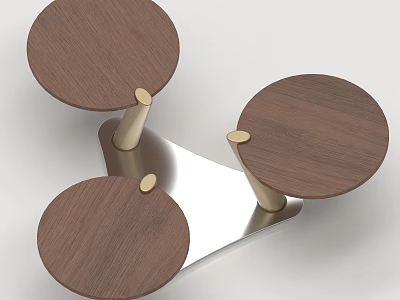 Elegant Walnut Wood Round Sofa Coffee Table Set With Golden Metal Base For Modern Homes 3d model