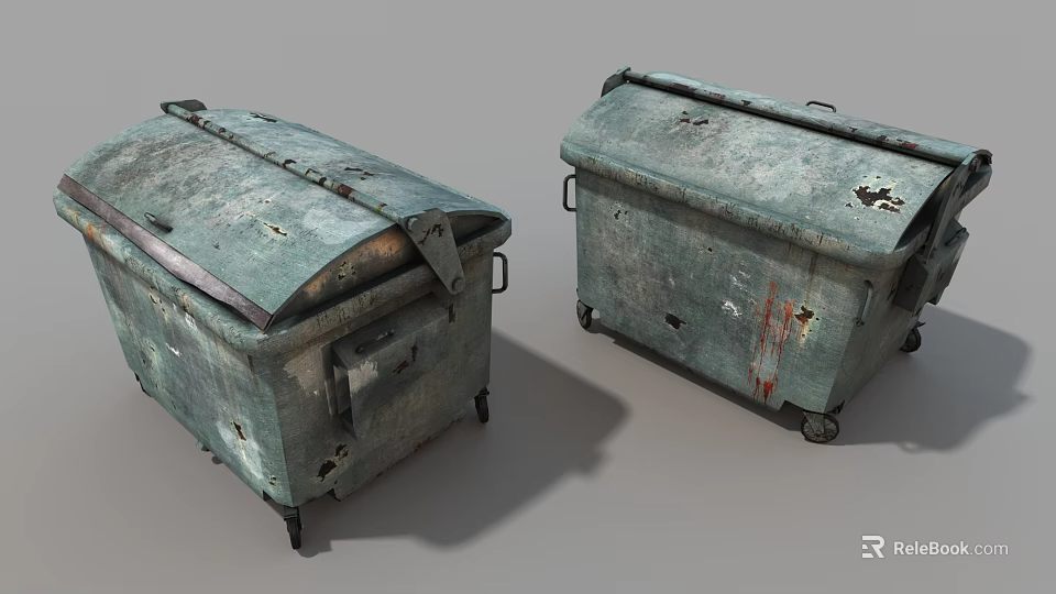 Two Public Metal Trash Bins With Wheels And Rusty Worn Surface 3d model 