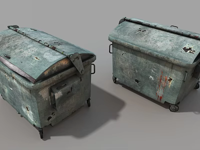 Two Public Metal Trash Bins With Wheels And Rusty Worn Surface 3d model