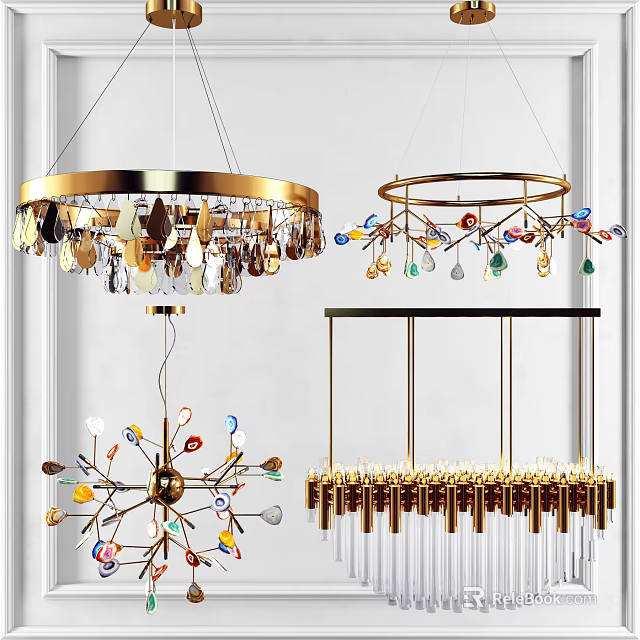 Elegant Modern Chandeliers in Various Styles with Gold Frames and Colorful Pendants 3d model 