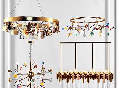 Elegant Modern Chandeliers in Various Styles with Gold Frames and Colorful Pendants 3d model