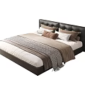 Modern Double Bed Interior With Black Headboard White Bedsheets Brown And Beige Pillows And Blanket