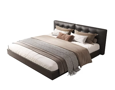 Modern Double Bed Interior With Black Headboard White Bedsheets Brown And Beige Pillows And Blanket 3d model