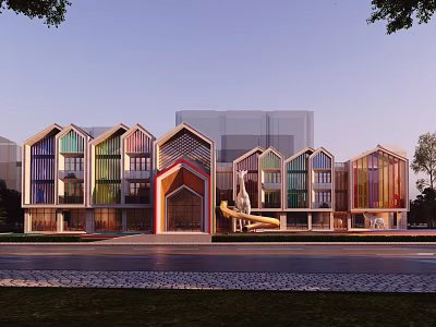 Colorful School Building With Unique Gabled Roofs Slide And Modern Glass Exterior Design 3d model