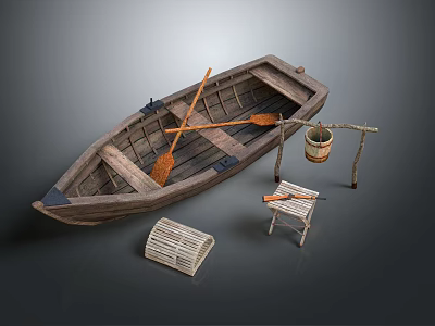 Wooden Boat With Crossed Oars Hanging Bucket Stool And Wicker Basket 3d model