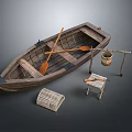 Wooden Boat With Crossed Oars Hanging Bucket Stool And Wicker Basket
