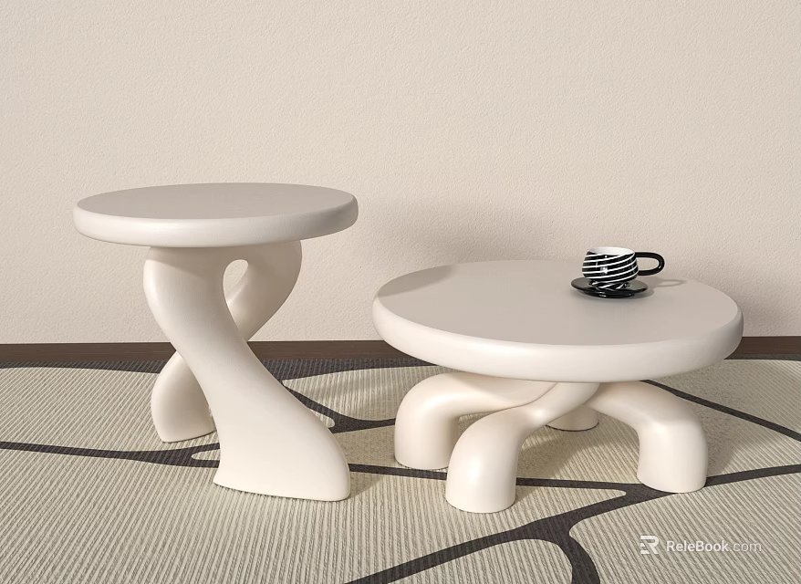 White Coffee Tables With Unique Curved Base Design And Striped Cup On Light Wall Carpet 3d model 