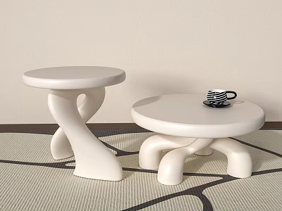 White Coffee Tables With Unique Curved Base Design And Striped Cup On Light Wall Carpet 3d model