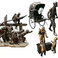 Bronze Sculptures of Historical Figures with Cart Tools and Various Poses