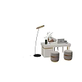 Modern Desk Interior With Laptop Floor Lamp Flower Vase Storage Drawers And Round Stools