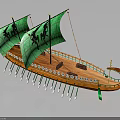 Ancient Wooden Galley Water Vessel With Green Sails Rowing Oars And Curved Bow