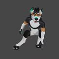 3D Animal Character With Black White Brown Fur Green Ears Yellow Eyes Open Mouth Squatting