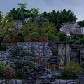 Serene Garden Landscape With Stone Steps Walls Trees Bushes And Waterfall Lighting