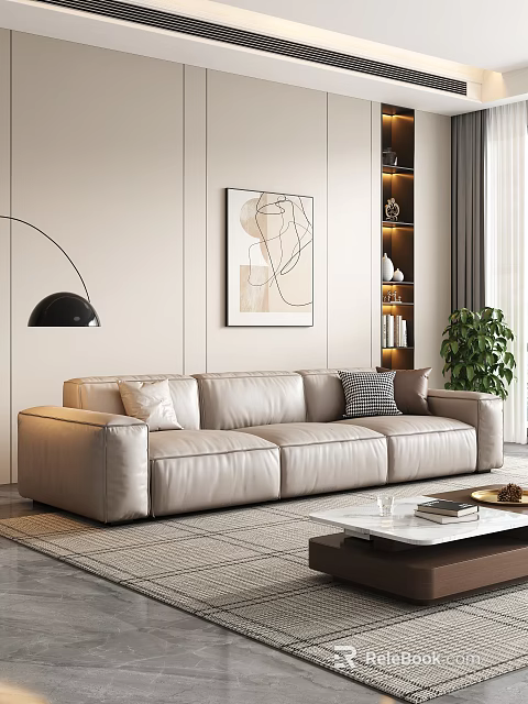 Modern Beige Sofa Coffee Table Set With Throw Pillows Abstract Painting Floor Lamp Green Plant 3d model 