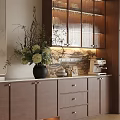 Wooden Sideboard with Glass Door Display Shelves Built-in Lighting and Vase with Flowers