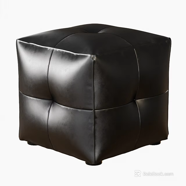 Modern Black Leather Square Ottoman with Tufted Surface and Stitched Design 3d model 