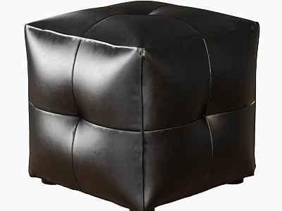 Modern Black Leather Square Ottoman with Tufted Surface and Stitched Design 3d model