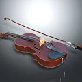 Classical Wooden Violin Musical Instrument with Glossy Surface and Bow on Gray Background